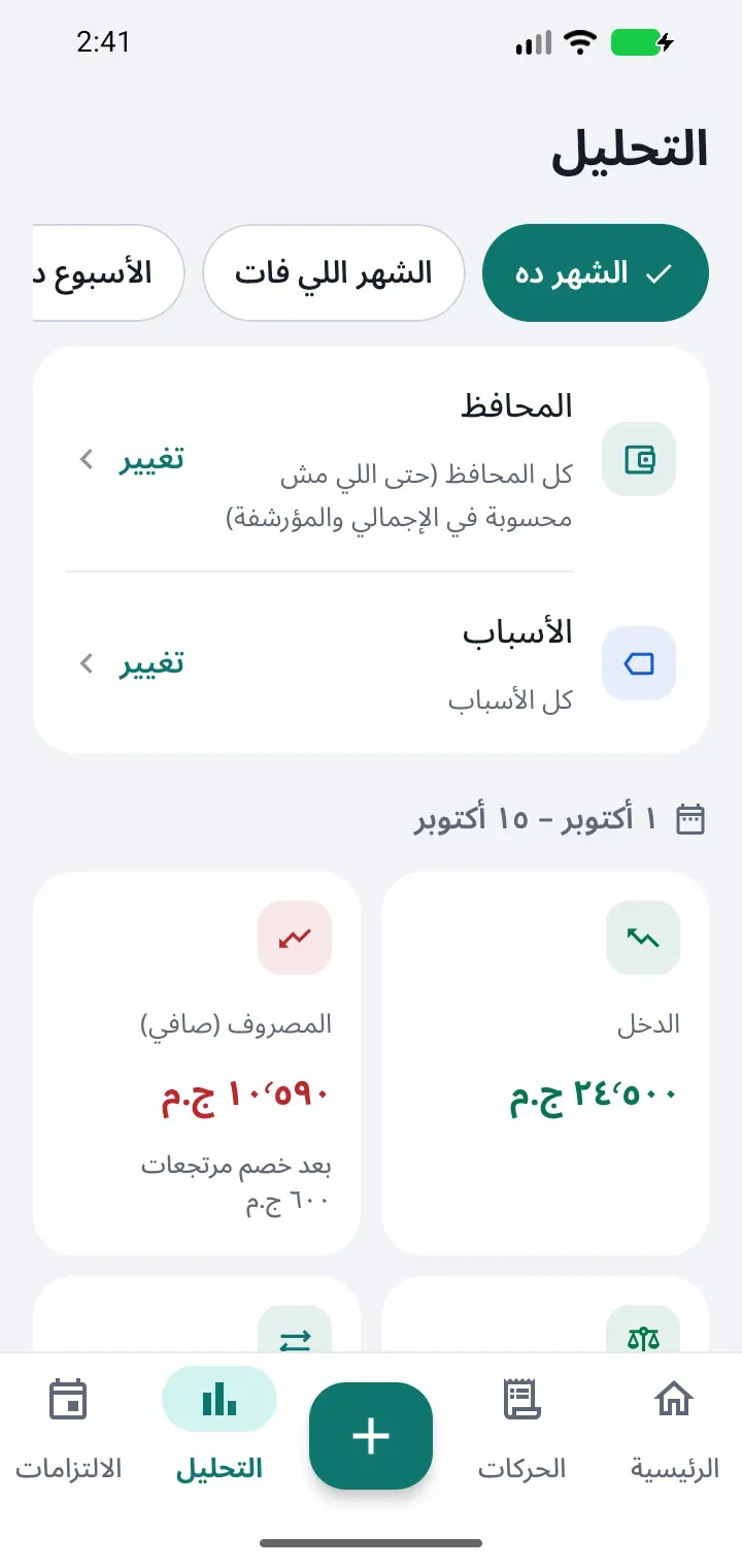 شاشة التحليل في محفظتي تعرض المصروفات والدخل للشهر