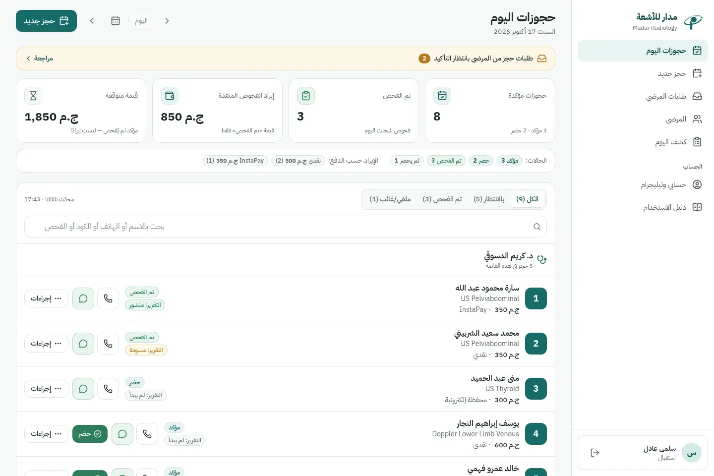 شاشة حجوزات اليوم في مدار للأشعة: ملخص الحجوزات المؤكدة والفحوص، وقائمة المرضى بالدور تحت كل طبيب بحالة الفحص والتقرير